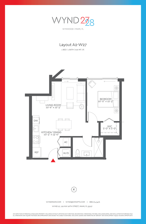 Floor plan for 1 bed, 1 bath, 613 sqft